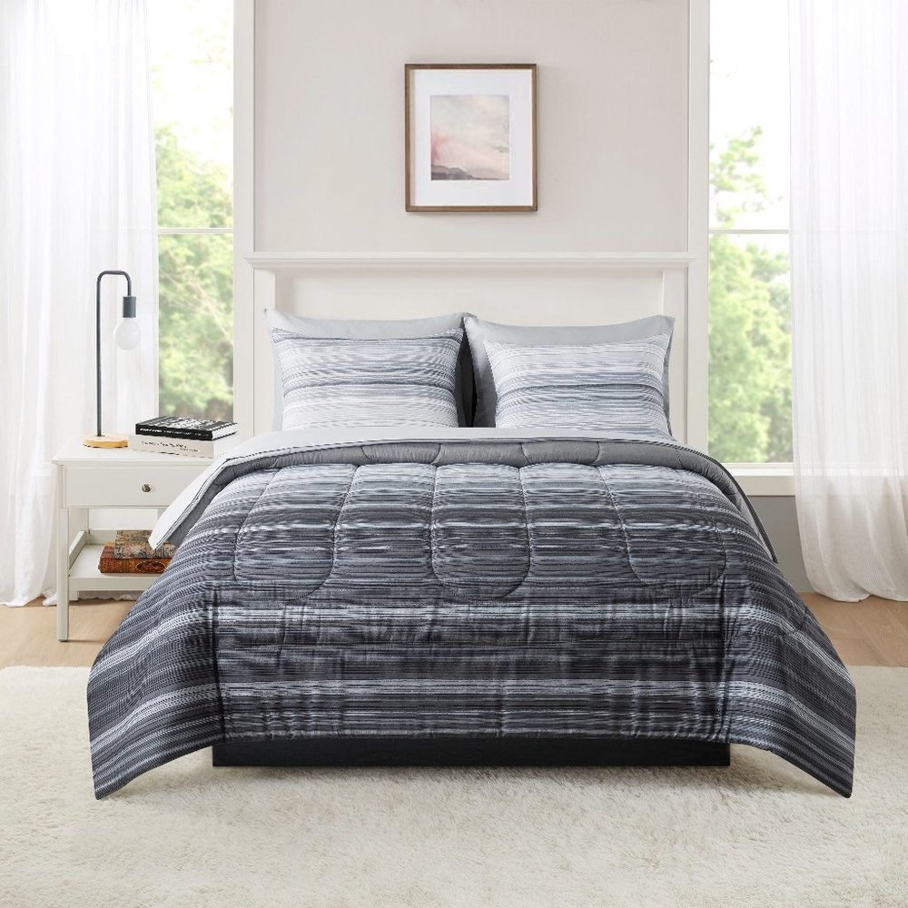 Mainstays Grey Ombre Stripe 5 Piece Bed in a Bag Comforter Set with Sheets